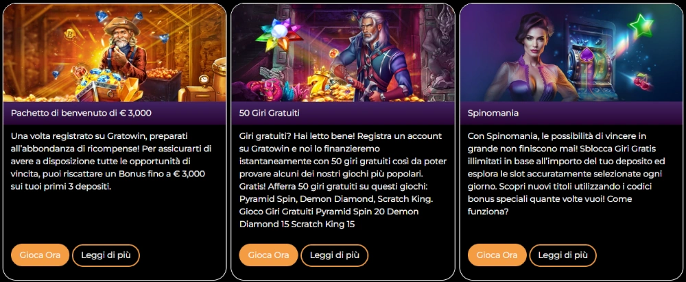 Bonus offerti da Gratowin Casino