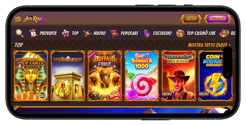Versione mobile del sito AbuKing casino online