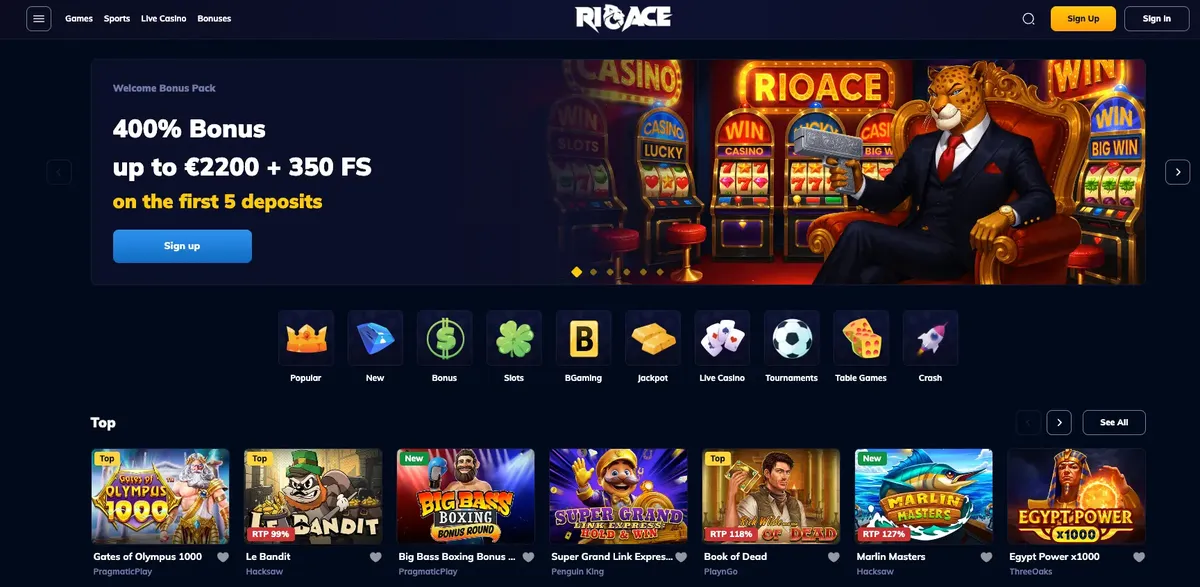 RioAce Casino pacchetto di benvenuto con bonus e free spin per nuovi giocatori