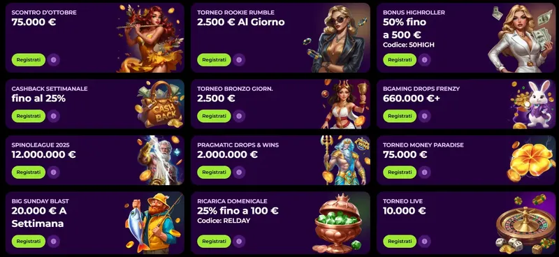 Diverse promozioni disponibili sul sito web del casinò Spinmama